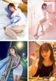 A collage of photos of a woman sitting on a bed.