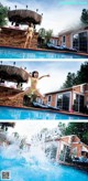 A woman jumping into a swimming pool in front of a Hollywood sign.