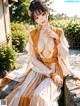 A woman in a kimono sitting on a stone wall.