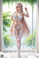 A woman in lingerie standing in front of a window.